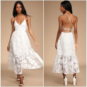 Lulus Feeling Like Forever White Jacquard Organza Lace-Up Midi Dress Medium NEW